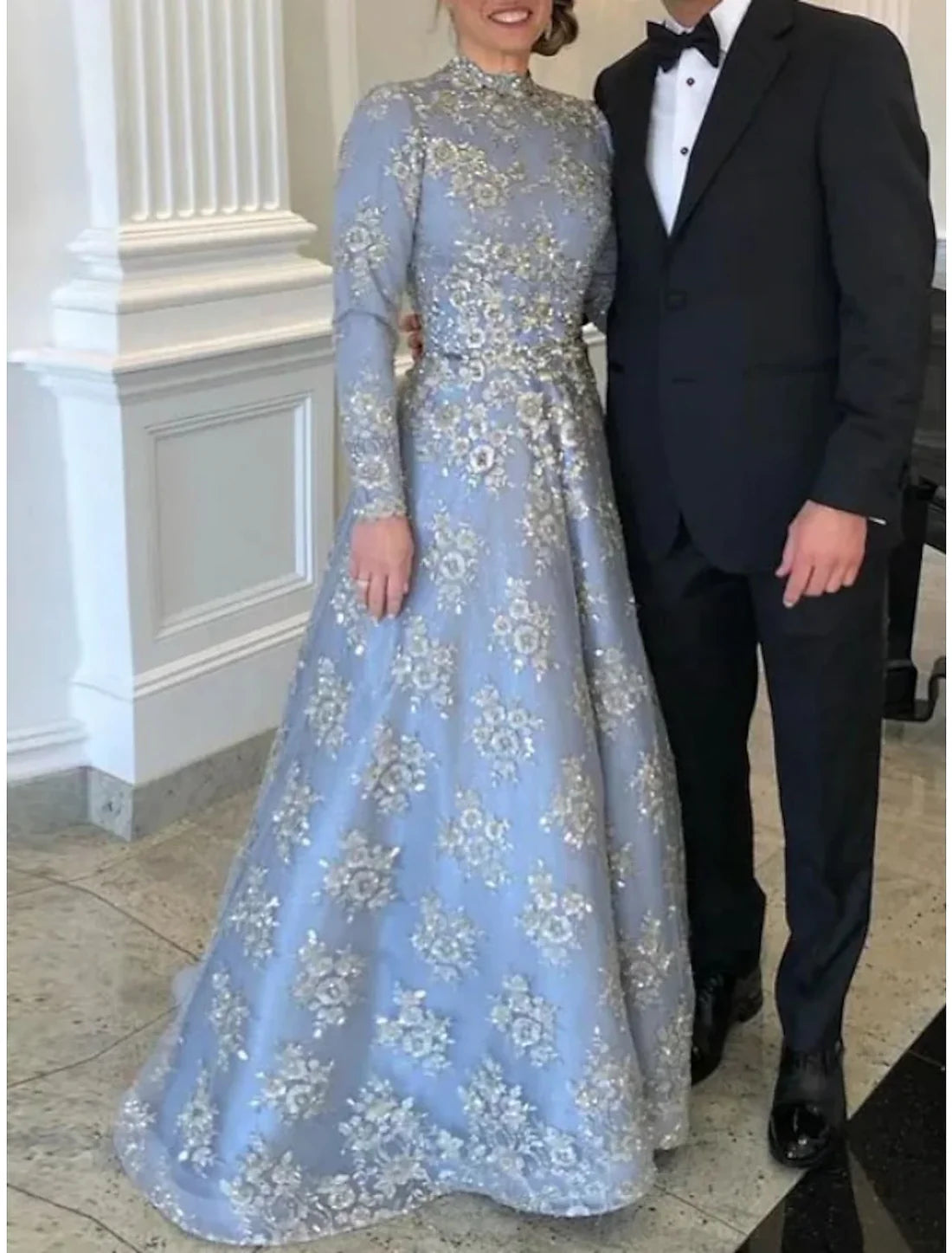 A-Line Mother of the Bride Dress Wedding Guest Elegant Party Luxurious High Neck Floor Length Lace Tulle Sequined Long Sleeve with Lace Sequin Sparkly