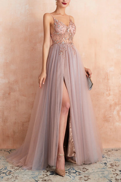 Grey Pink Sheath V-neck Tulle Long Prom Dress With Slit Sexy