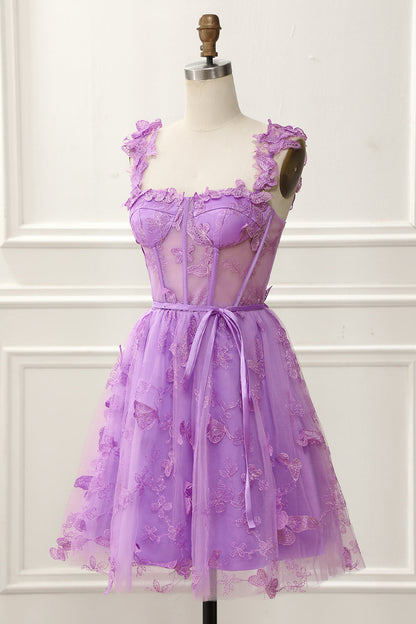 Purple A-Line Corset Homecoming Dress With Butterflies Short Party Dress