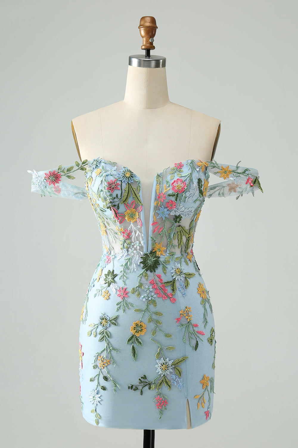 Blue Flower Mermaid Off The Shoulder Corset Short Homecoming Dress with Embroidery Beautiful