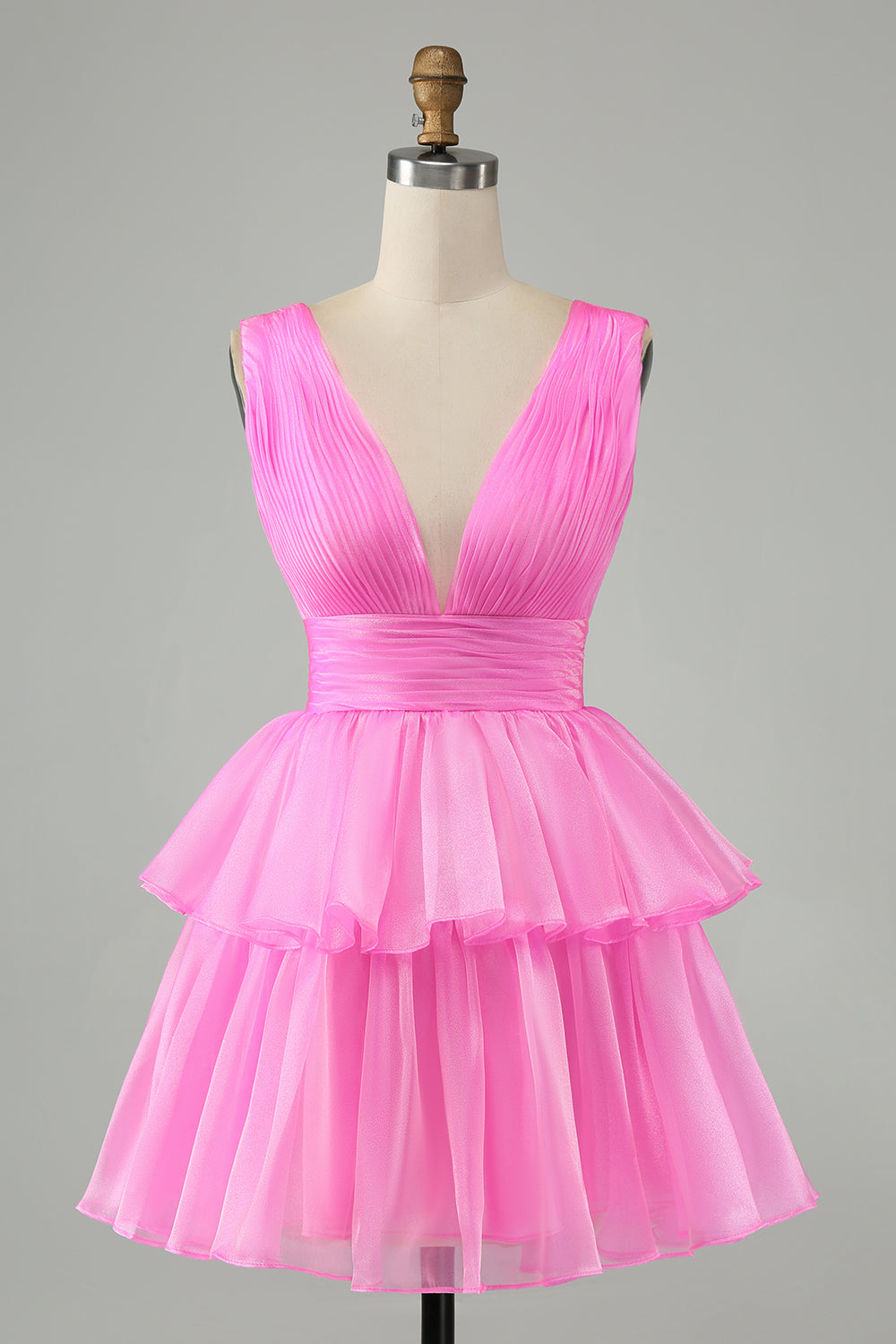 Cute Hot Pink A Line V Neck Backless Pleated Tiered Short Homecoming Dress Beautiful