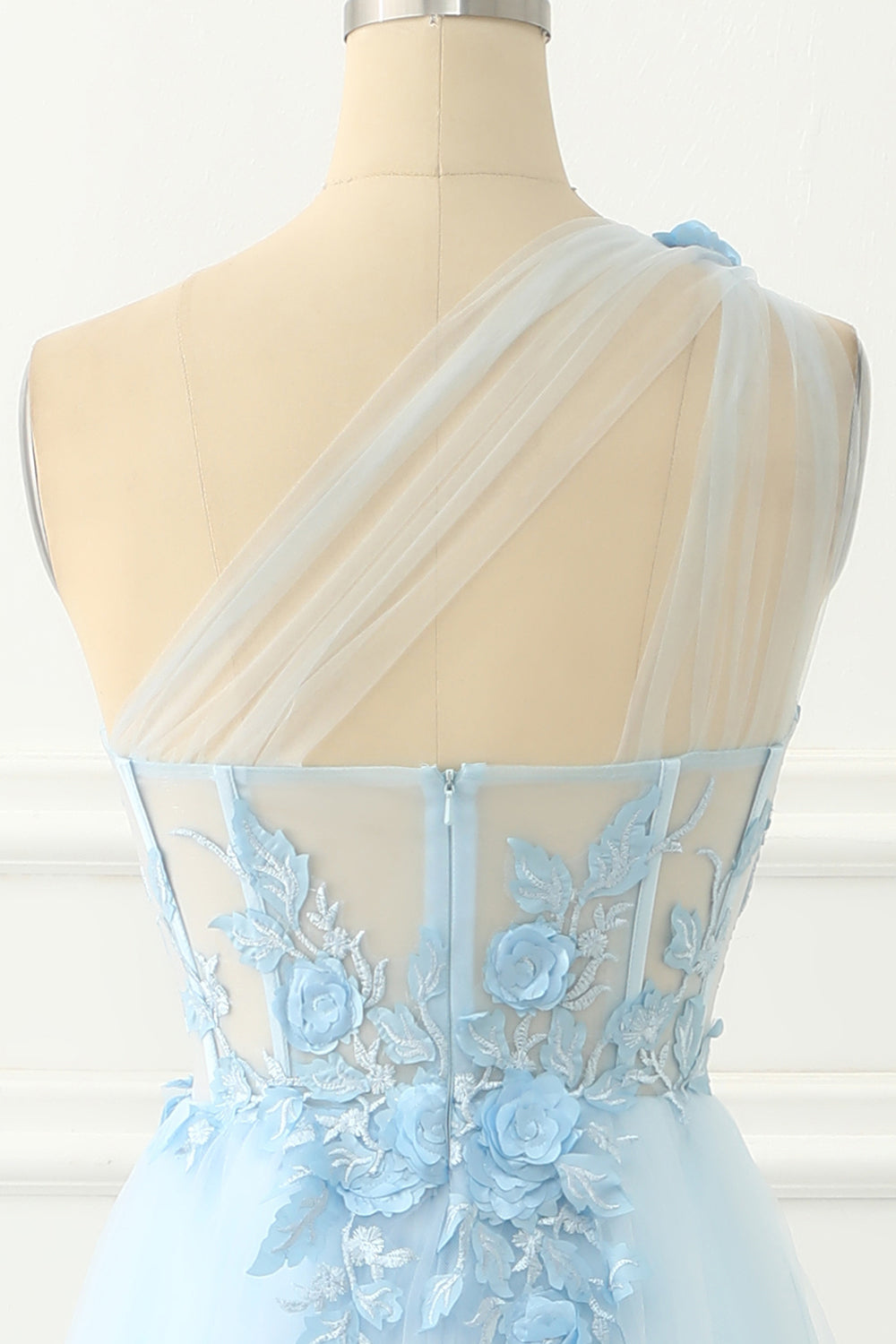 Sky Blue Tulle A-Line One Shoulder Prom Dress With Appliques Beautiful