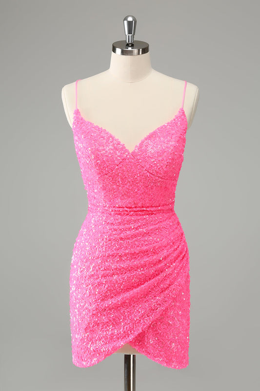 Chic Glitter Hot Pink Bodycon Spaghetti Straps Sequins Short Homecoming Dress Sparkly