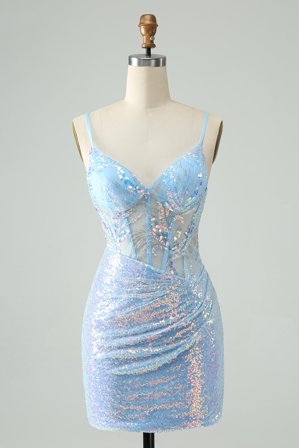 Glitter Light Blue Tight Spaghetti Straps Corset Short Homecoming Dress with Sequins Sparkly