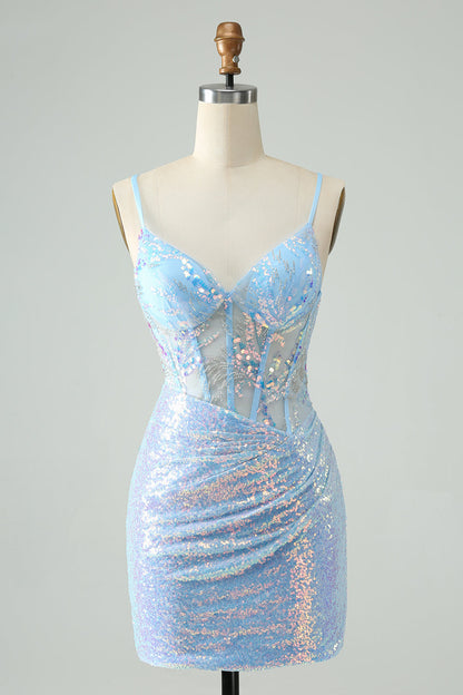 Glitter Light Blue Tight Spaghetti Straps Corset Short Homecoming Dress with Sequins Sparkly