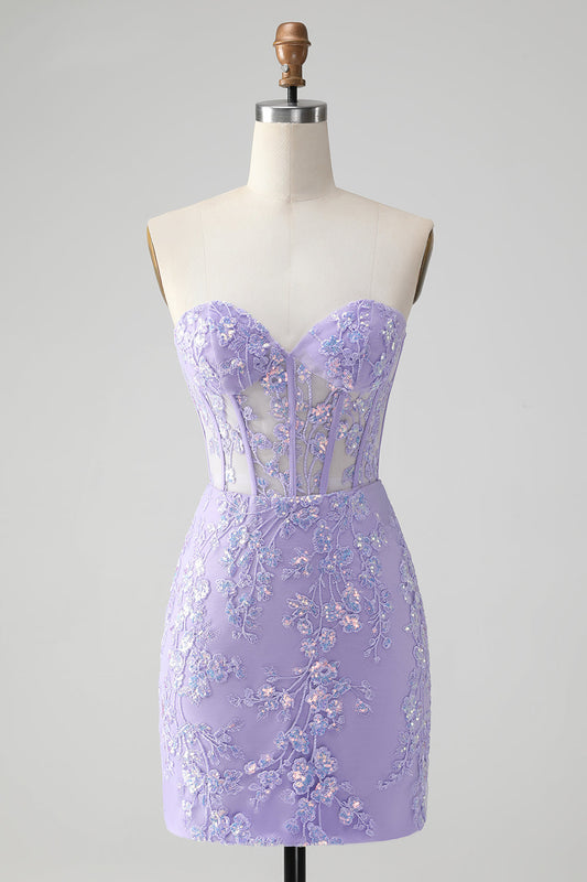 Classy Lilac Bodycon Sweetheart Corset Short Homecoming Dress with Sequins Off Shoulder