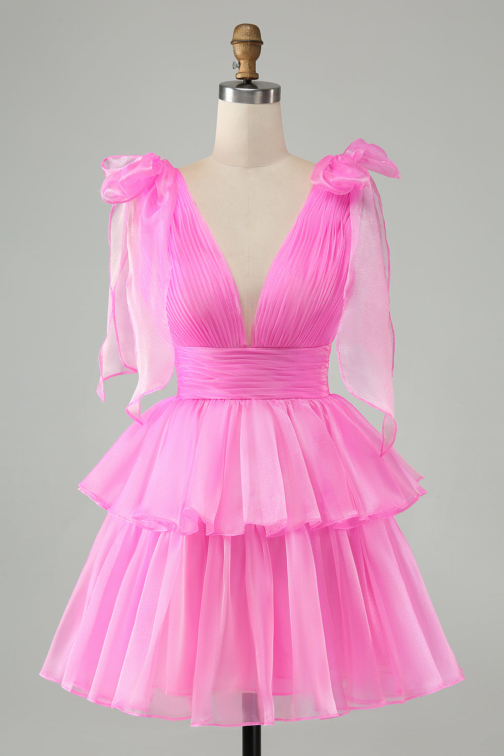 Cute Hot Pink A Line V Neck Backless Pleated Tiered Short Homecoming Dress Beautiful