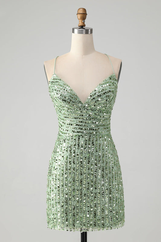 Stylish Green Sheath Criss Cross Back Short Homecoming Dress with Sequins Sparkly