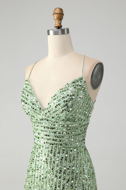 Stylish Green Sheath Criss Cross Back Short Homecoming Dress with Sequins Sparkly