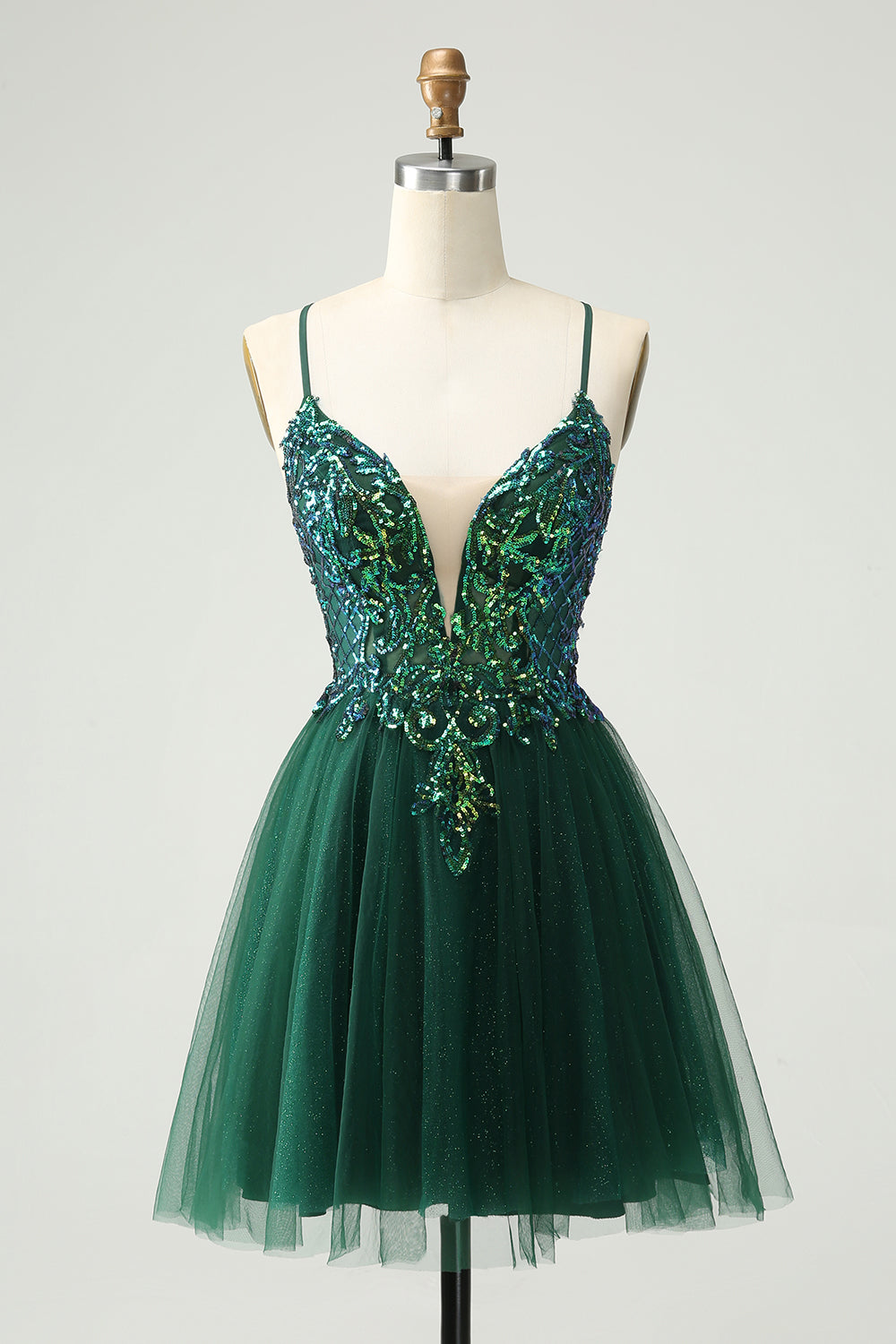 Cute Dark Green A Line V Neck Sequin Short Homecoming Dress with Appliques Sexy