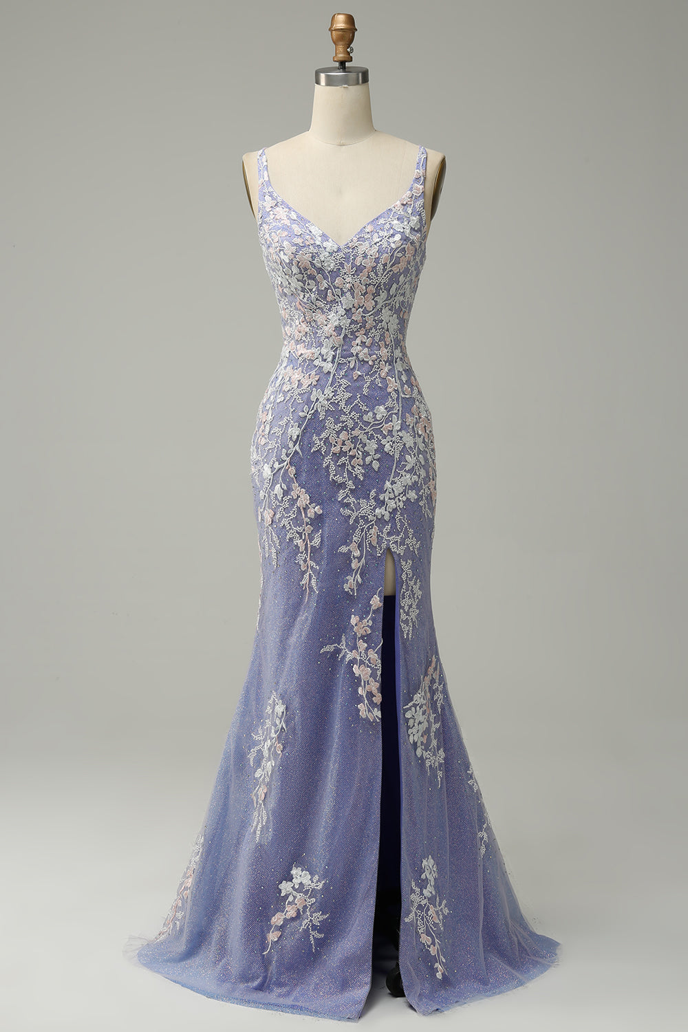 Glitter Blue Mermaid Lace Long Prom Dress with Slit Beautiful