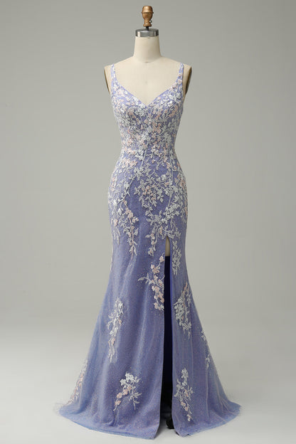 Glitter Blue Mermaid Lace Long Prom Dress with Slit Beautiful