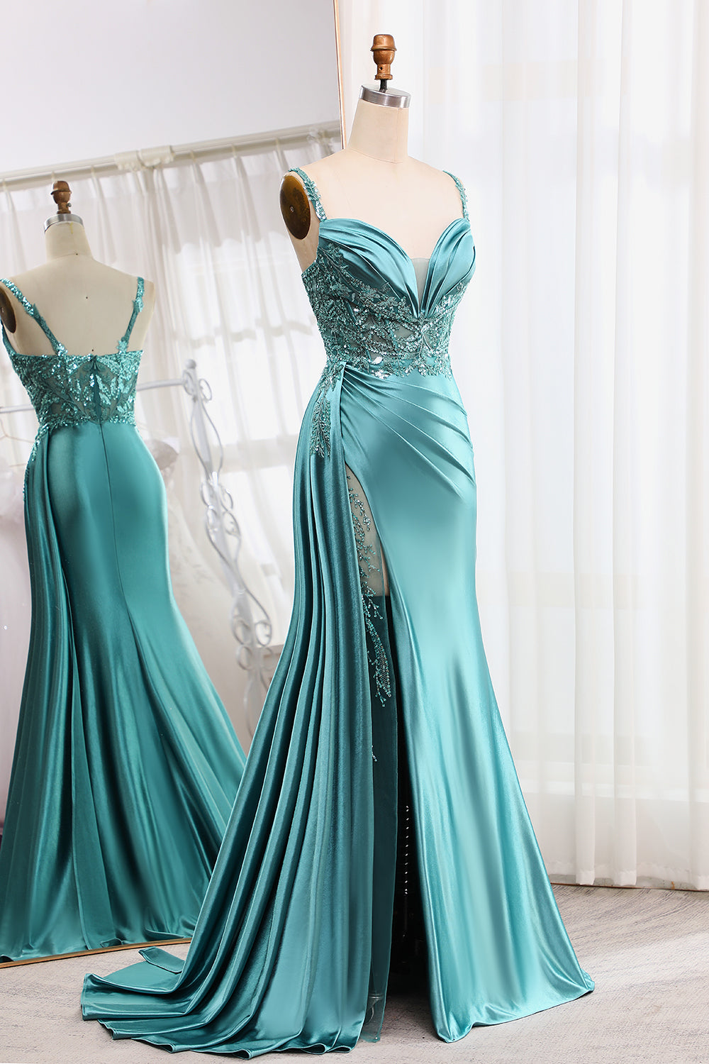 Mermaid Spaghetti Straps Long Prom Dress with Slit Floor Length Charming Evening Party Dress