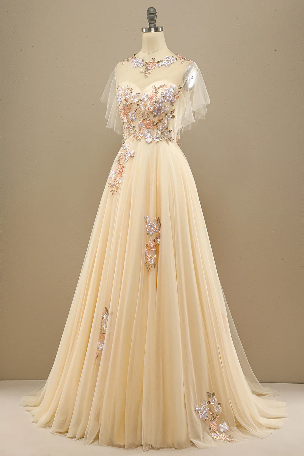 Yellow A Line Tulle Short Sleeves Long Prom Dress With Appliques Beautiful