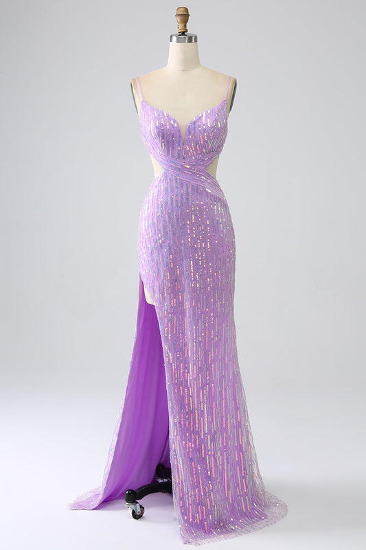 Sparkly Purple Mermaid Spaghetti Straps Sequins Prom Dress with Slit Sexy Evening Dress