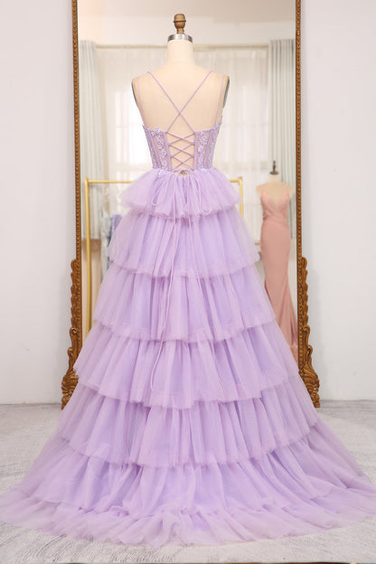 Elegant Lilac A Line Tulle Tiered Long Corset Prom Dress With Appliques Beautiful