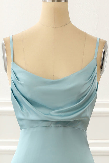 Satin Spaghetti Straps Blue Simple Prom Dress With Slit Party Dress