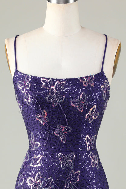 Sparkly Dark Purple Sheath Short Homecoming Dress with Criss Cross Back With Butterfly