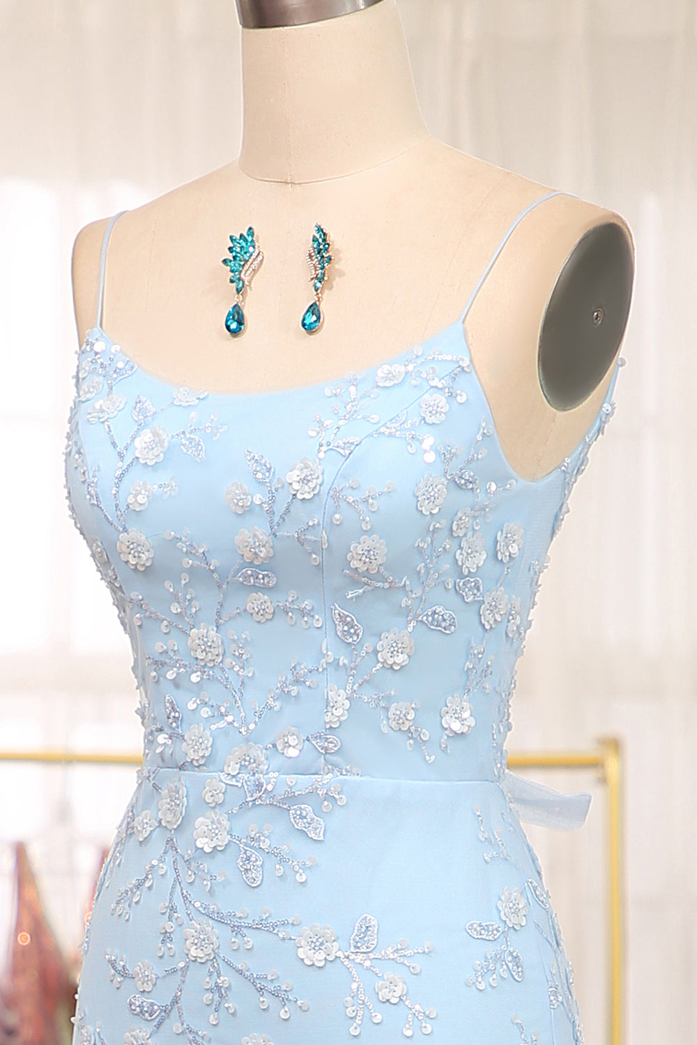 Mermaid Spaghetti Straps Long Prom Dress With Appliques Light Blue Beautiful