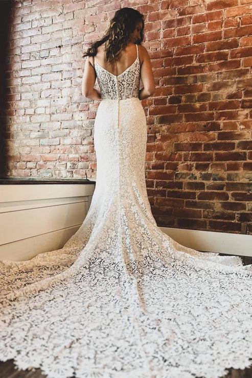 White Lace Sweetheart Sleeveless Mermaid Long Wedding Dress Elegant