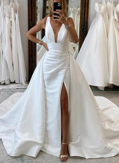 Satin A-Line Wedding Dress With V-Neck Sleeveless Design Sweep Train And High Split Simple