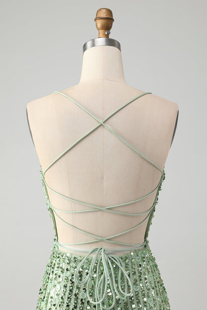 Stylish Green Sheath Criss Cross Back Short Homecoming Dress with Sequins Sparkly