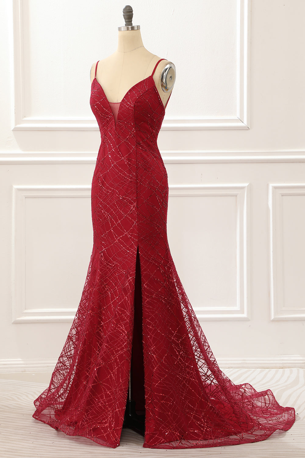 Dark Red Saprkly Mermaid Prom Dress With Slit Sexy Evening Dress
