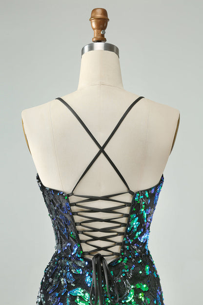 Pretty Fuchsia Black Bodycon Sparkly Sequin Short Homecoming Dress Sexy