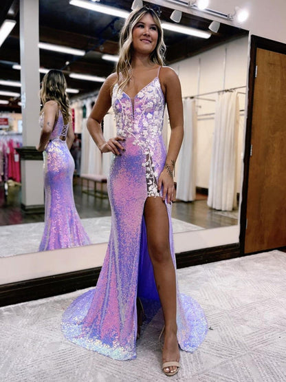 Purple Glitter Floral Long Prom Dress with Slit Sparkly Sexy Evening Dress