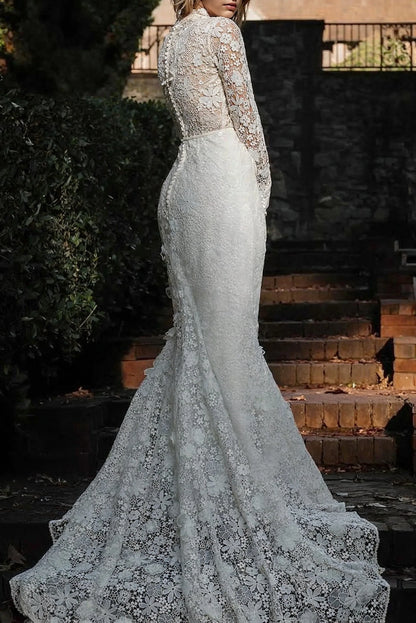 Lace Wedding Dress High Neck Tulle Appliques Bridal Dress With Sweep Train Long Sleeves Elegant