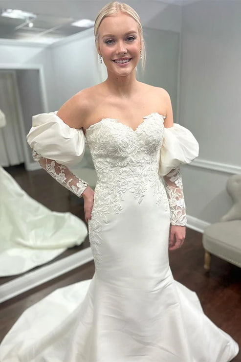 White Appliques Off-the-Shoulder Mermaid Wedding Dress with Detached Sleeves Beautiful