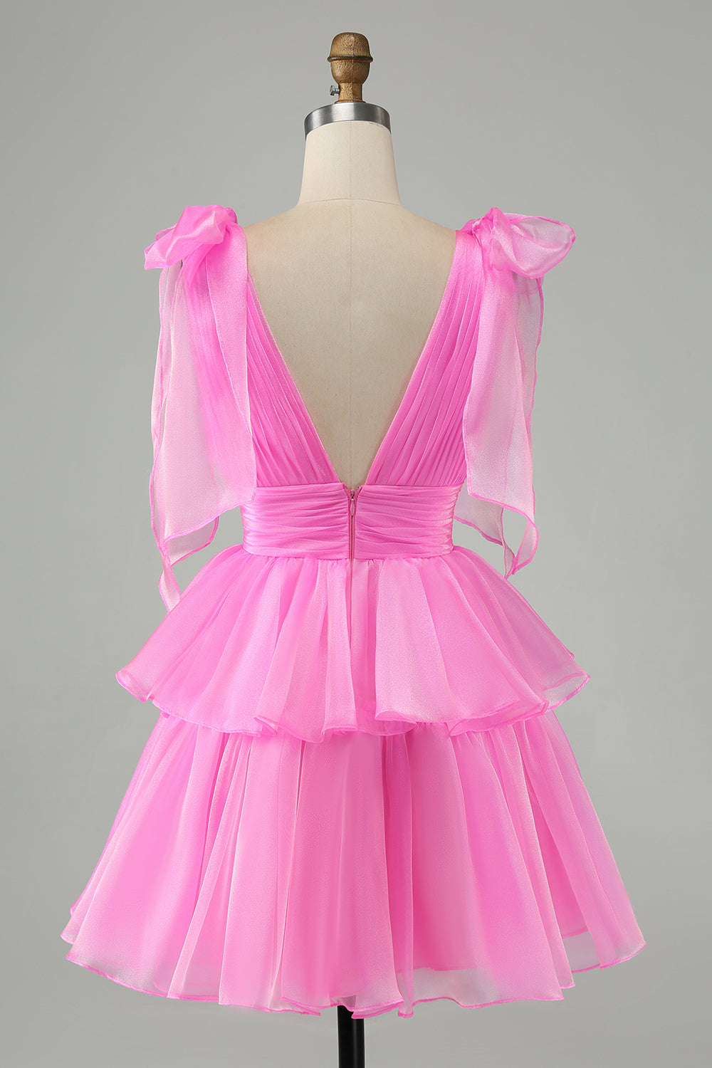 Cute Hot Pink A Line V Neck Backless Pleated Tiered Short Homecoming Dress Beautiful