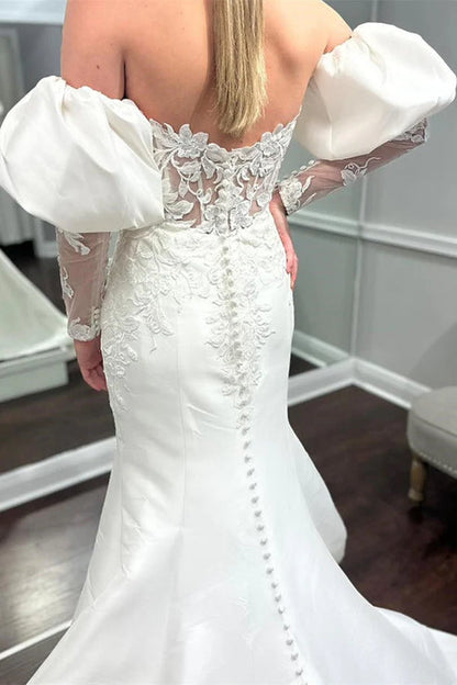 White Appliques Off-the-Shoulder Mermaid Wedding Dress with Detached Sleeves Beautiful