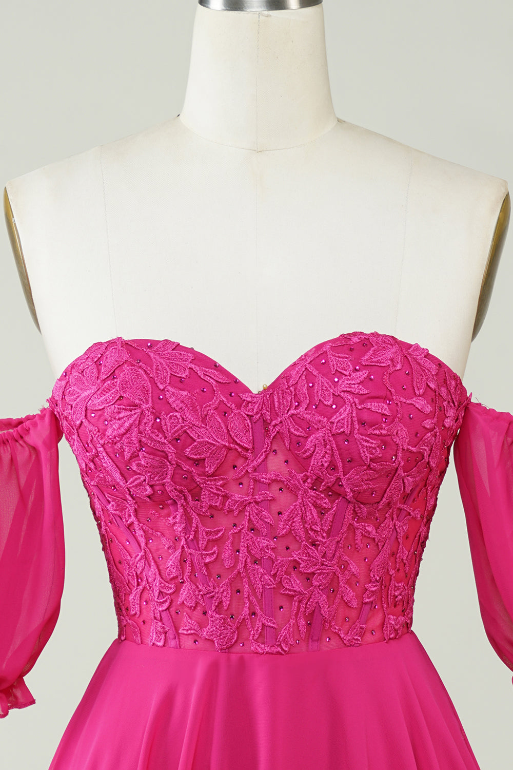 Fuchsia A-Line Corset Chiffon Short Homecoming Dress with Lace Off Shoulder