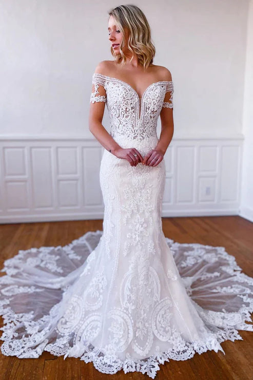 Mermaid Off-the-Shoulder Short Sleeves Long White Lace Bridal Dress Wedding Dress