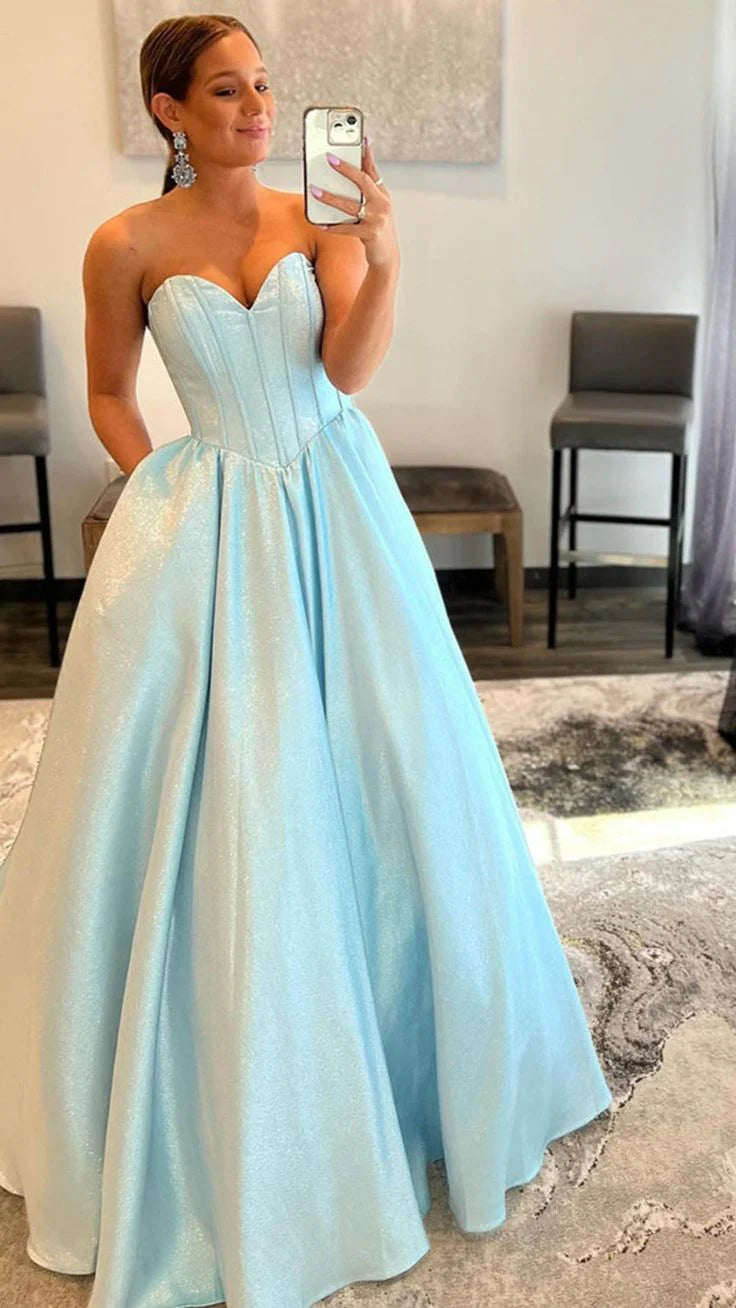 Sweetheart Strapless A-Line Light Blue Long Prom Dress Off Shoulder Charming Evening Dress