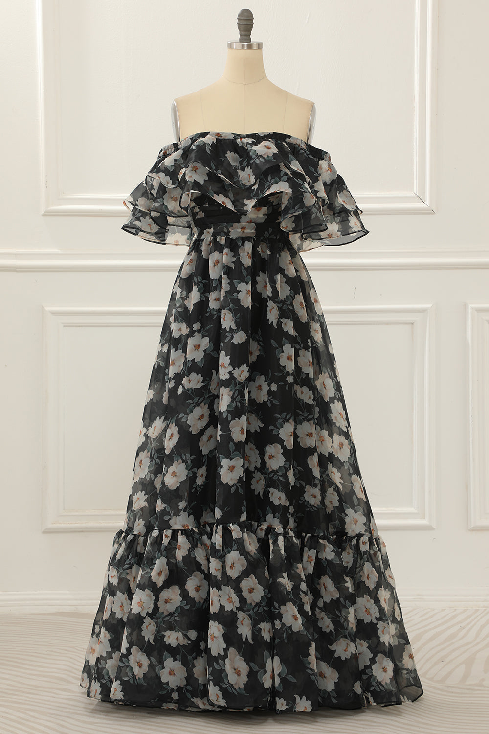 Black Print Off Shoulder A Line Prom Dress With Ruffles Floor Length Beautiful