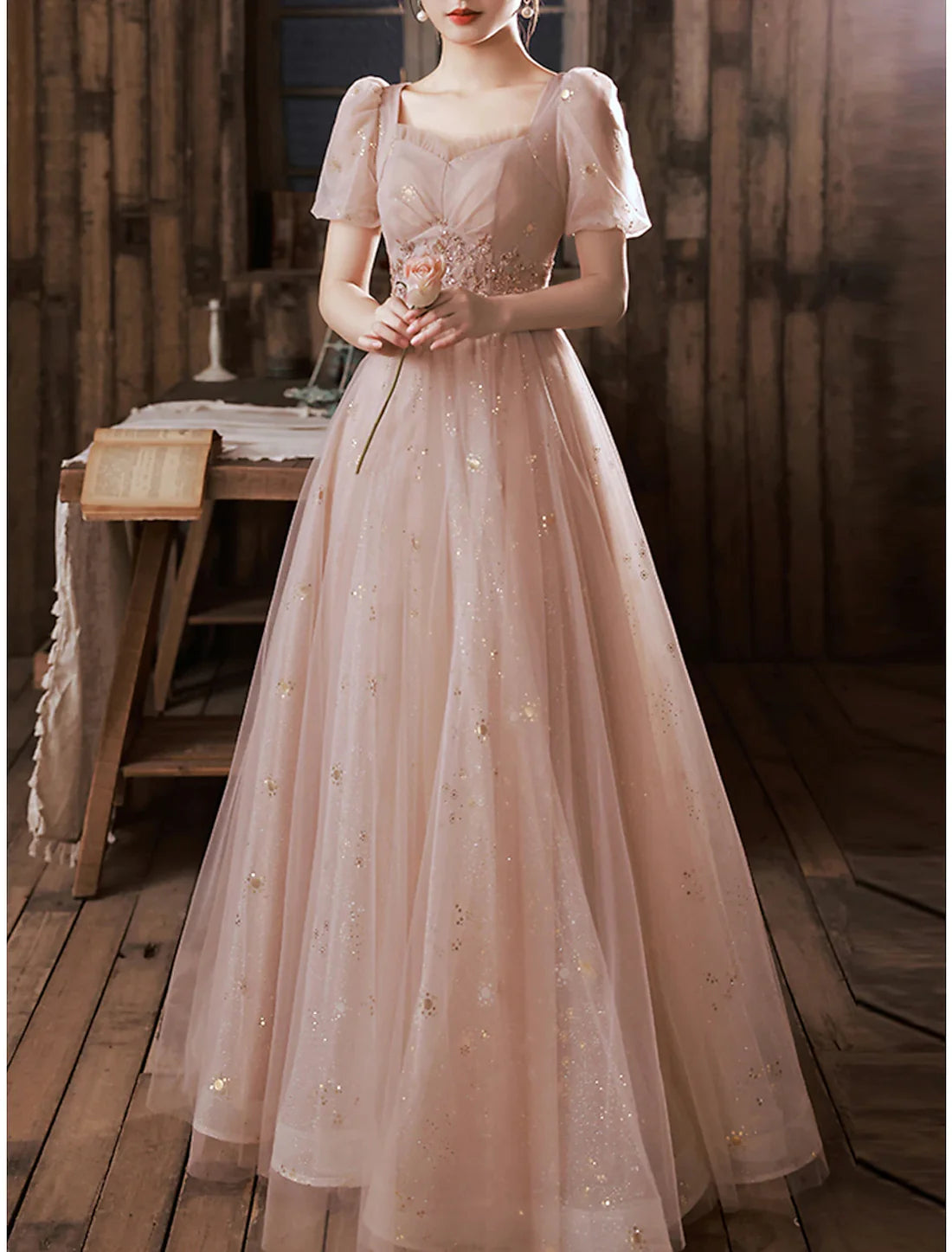 A-Line Prom Dresses Elegant Dress Engagement Prom Floor Length Half Sleeve Square Neck Satin with Appliques Sparkly Evening Dress