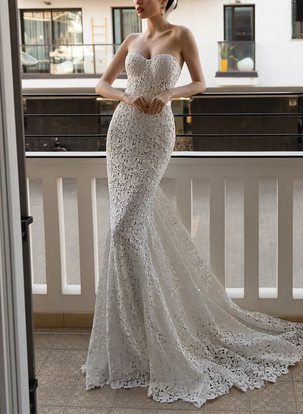 Sleeveless Trumpet/Mermaid Sweetheart Lace Wedding Dress With Sweep Train Off Shoulder Elegant