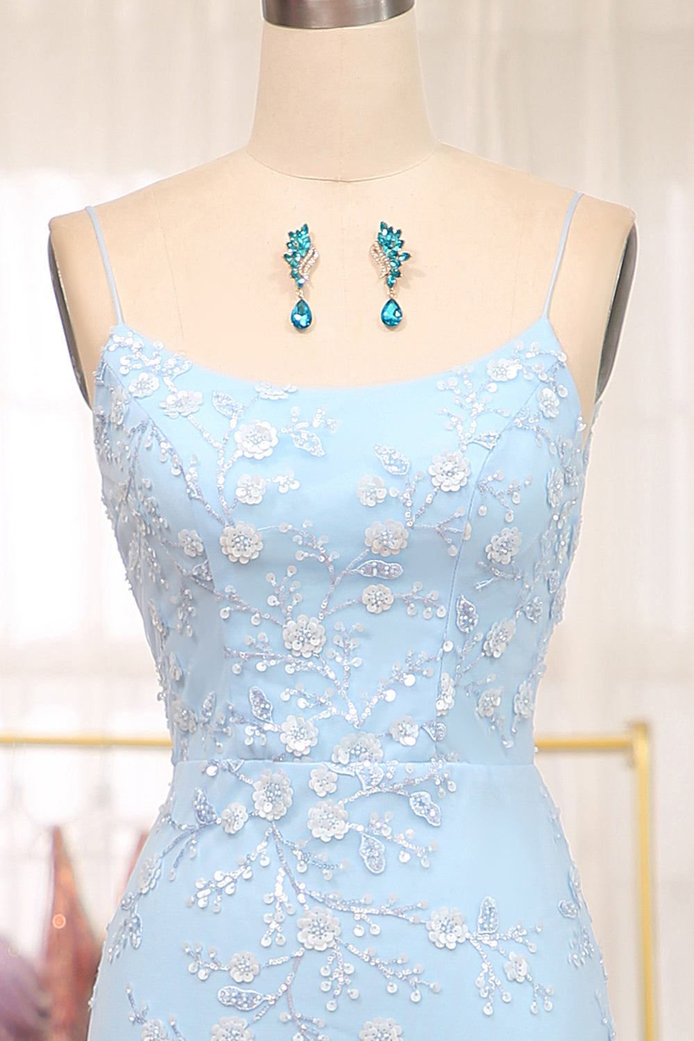 Mermaid Spaghetti Straps Long Prom Dress With Appliques Light Blue Beautiful