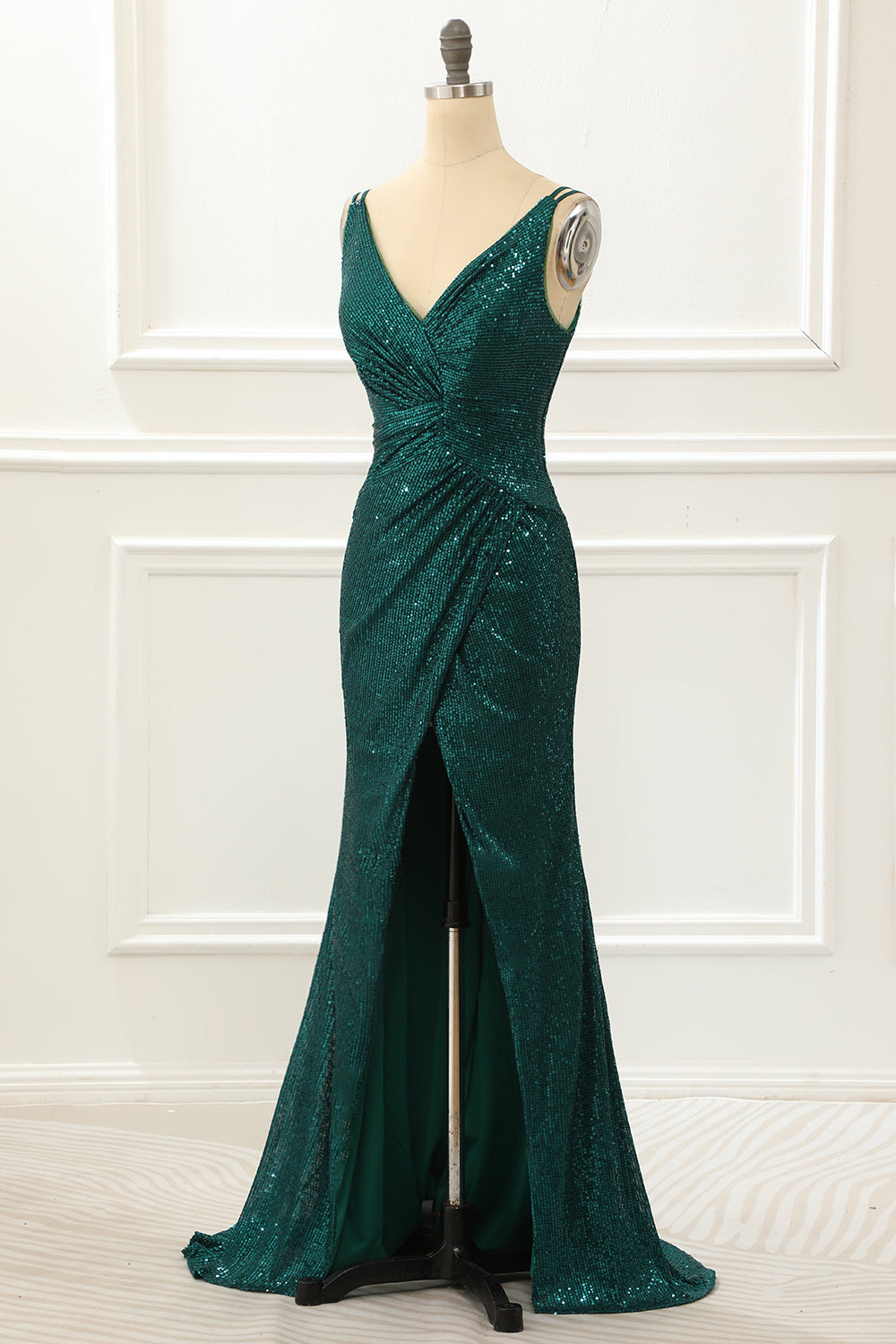 Dark Green Spaghetti Straps Saprkly Prom Dress With Slit V-neck Sexy