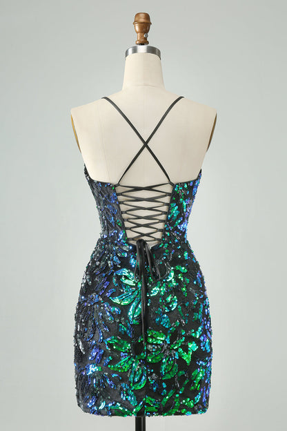 Pretty Fuchsia Black Bodycon Sparkly Sequin Short Homecoming Dress Sexy