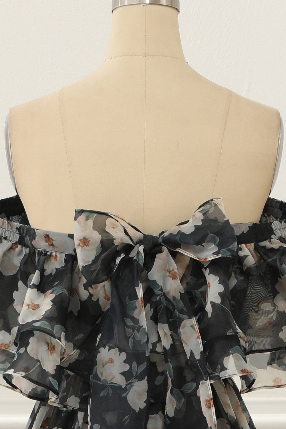 Black Print Off Shoulder A Line Prom Dress With Ruffles Floor Length Beautiful