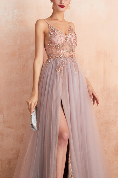 Grey Pink Sheath V-neck Tulle Long Prom Dress With Slit Sexy