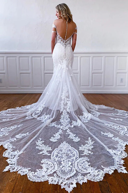 Mermaid Off-the-Shoulder Short Sleeves Long White Lace Bridal Dress Wedding Dress
