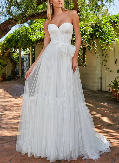 Sweetheart Sleeveless Sweep Train Tulle Wedding Dresses Off Shoulder Floor Length Solid Color