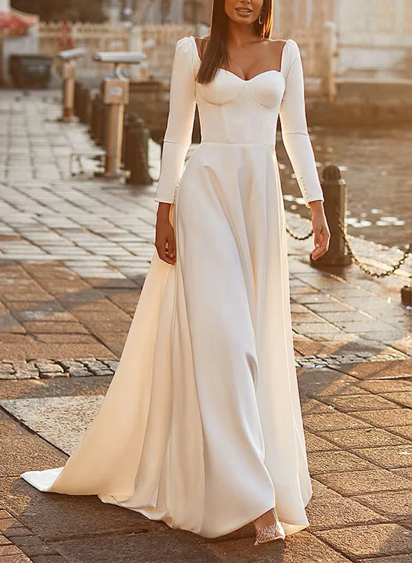 Elegant Wedding Dresses With A-Line Sweetheart And Long Sleeves Simple Fashion Bridal Gown