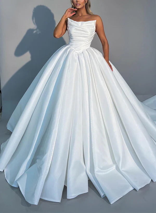 Strapless Sleeveless Sweep Train Wedding Dresses Off Shoulder Floor Length Solid Color