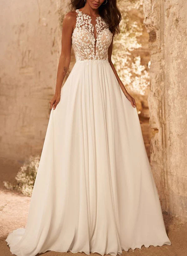 A-Line Scoop Neck Sleeveless Lace Wedding Dresses With Appliques Lace Elegant