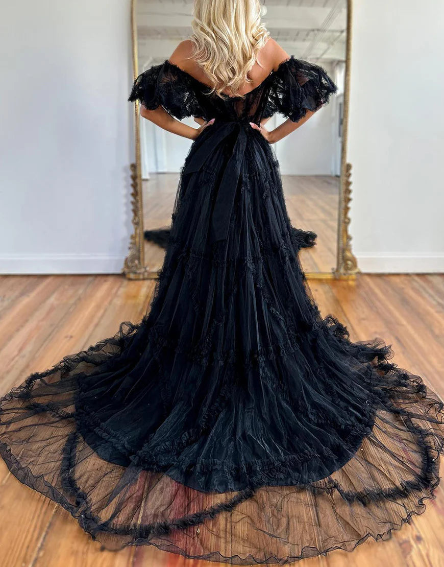 A Line Tulle Sweetheart Cute Prom Dress with Sleeves